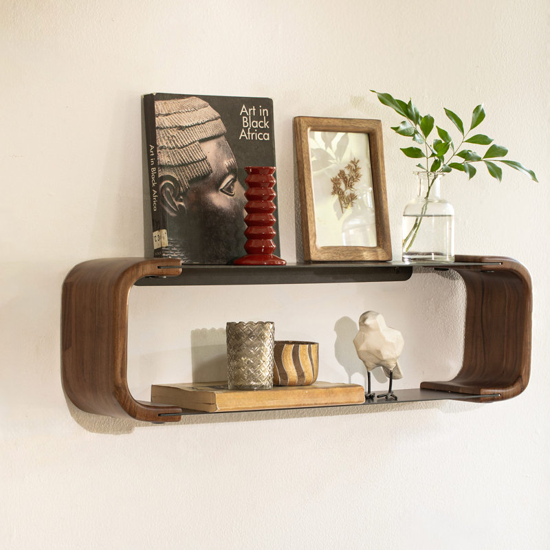 Sephine Modern 2-Tier Floating Wood & Metal Wall Shelves, Decorative Storage Shelf for Kitchen, Bedroom, Living Room, Office