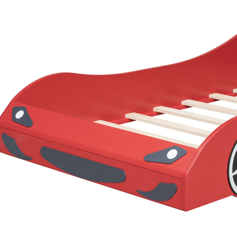 Lit simple rouge avec design de voiture de course et conduit sous le lit, dossier confortable, taille lueur