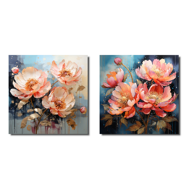 Peach Garden of Peony Delights - Ensemble de 2 pivoines carrées, Toile tendue, H 30 po x l 61 po