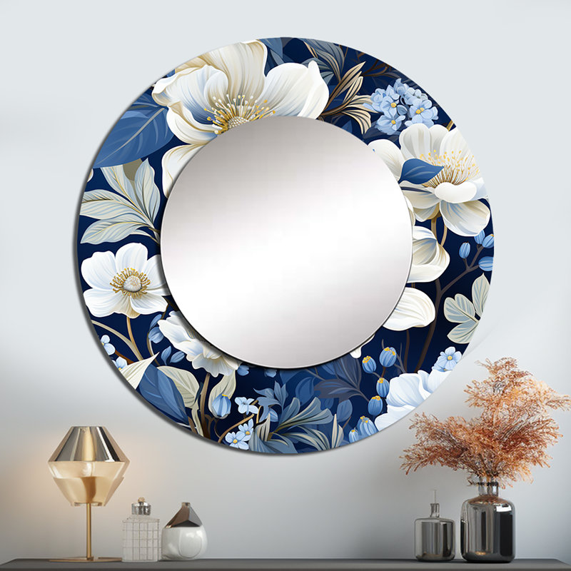Rubena Icy Blue Snowy White Flowers Scenery - miroir mural floral, miroir décoratif rond bleu, impression d'art en métal