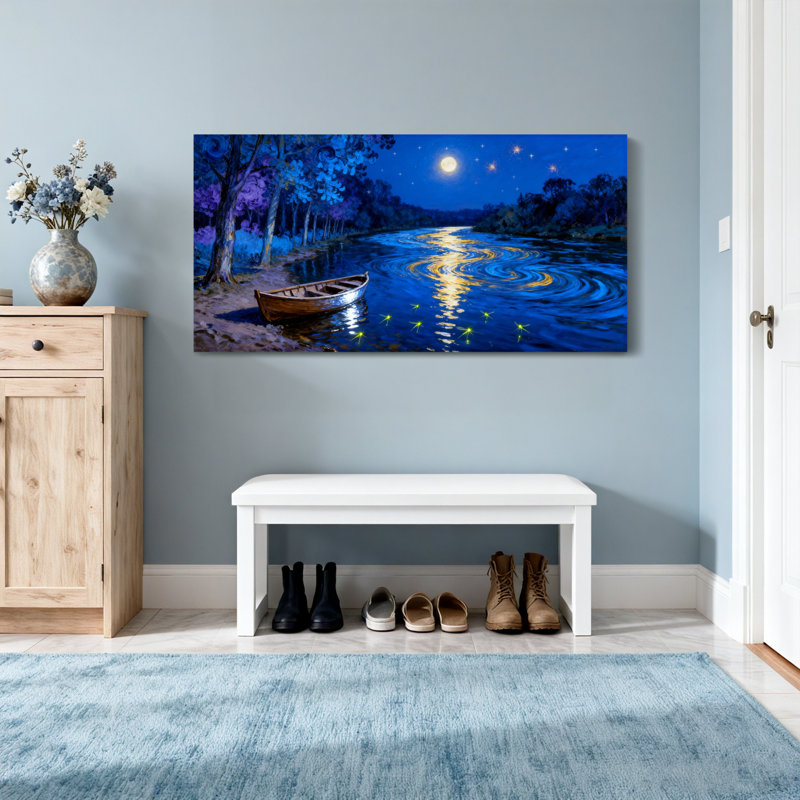 Paysage et nature rivière au clair de lune avec bateau et étoiles, H 16 po x l 32 po