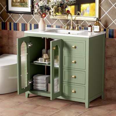 Meuble-lavabo avec porte en verre, tablettes réglables et trois tiroirs, meuble-lavabo