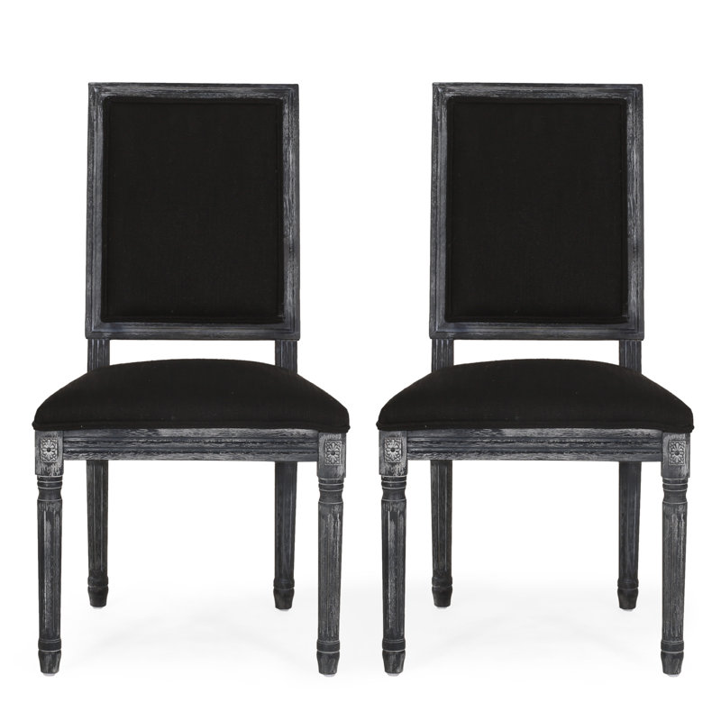 Viveiros French Country Fabric Upholstered Side Chair with Framed Back and Fluted Legs, Dark Gray, 4, Black