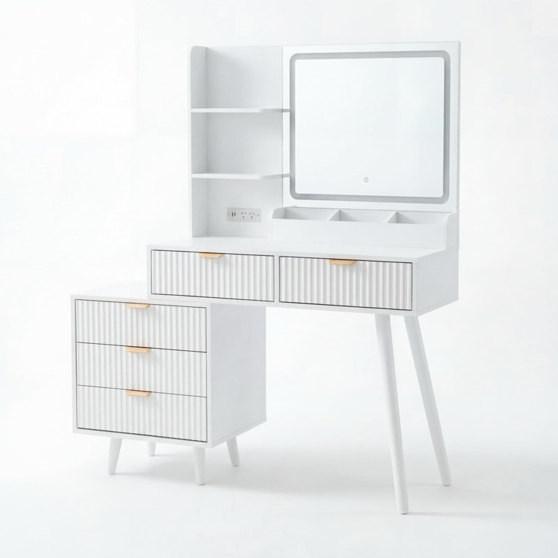 Bureau de coiffeuse avec miroir lumineux et prise de courant, coiffeuse de maquillage avec 5 tiroirs et panneau ondulé, coiffeuse à éclairage 3 couleurs avec tablettes de rangement pour la chambre à coucher