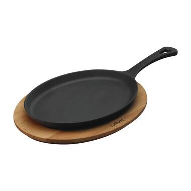 Lava Enameled Cast Iron BBQ Grill Pan 11 inch-Dual Side Round with  Beechwood Service Plate