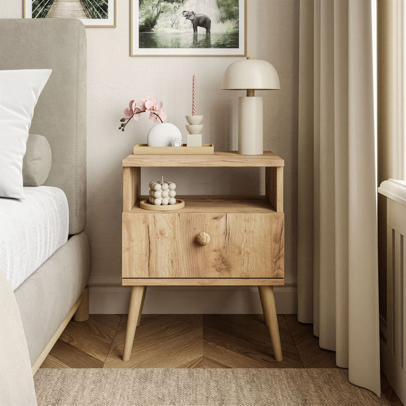 Zion 44cm W Manufactured Wood Bedside Table, Gold Craft Oak