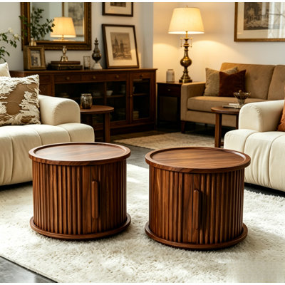 Walnut Nested Round End Tables Set of 2, Circular Groove Wooden Side Tables with Open Bookshelf, Storage Cabinet and Sliding Door Cabinet, Multi-Purpo