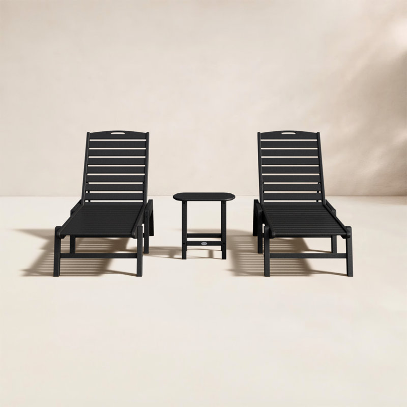 Nautical 3-Piece Chaise Lounge Set with South Beach 18" Side Table, Black