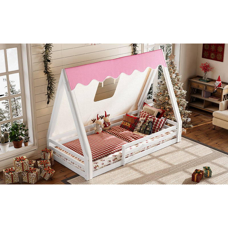 Lit simple - Lit inspiré avec tente blanche + rose et garde-corps pleine longueur, plancher de support en bois massif, garde-corps
