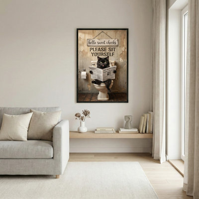 Black Cat Reading Newspaper On Toilet Canvas Wrapped Wall Art Oil Painting Print With Rustic Sign And Humorous Text For Bathroom Decor