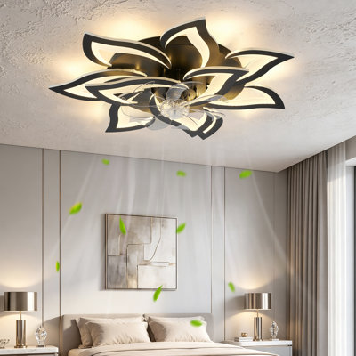 Ventilateur de plafond moderne noir à motif floral de 81 cm (32 pouces) avec télécommande, éclairage DEL à intensité variable et 6 vitesses
