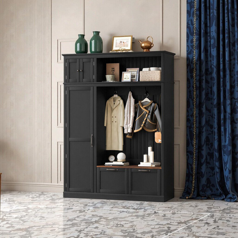 Arbre d'entrée blanc 3-en-1 avec armoire, tablettes réglables, crochets et banc, Noir