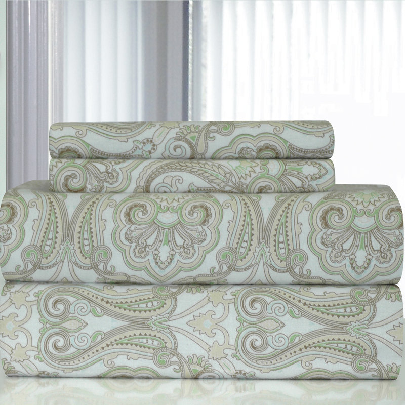 Flannel Damask Sheet Set, Twin XL Sheet Set + Fitted Sheet + 1 Pillowcase, White Light Green/Paisley