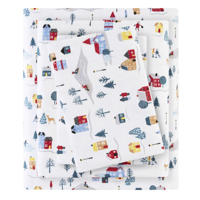 Ensemble de 4 draps imprimés - imprimé village blanc, flanelle 100% coton, doux au toucher, lavable à la machine, avec drap plat, 2 taies d'oreiller ajustées, convient aux matelas jusqu'à 14 po