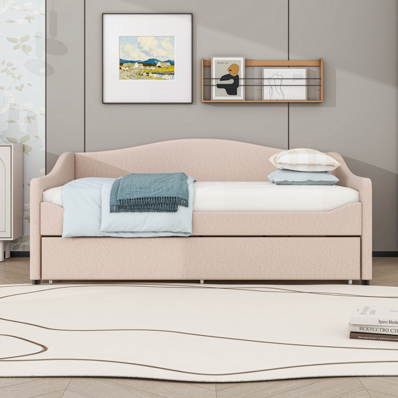 Upholstered Daybed with LED lights and a Twin Size Trundle, Full, Beige