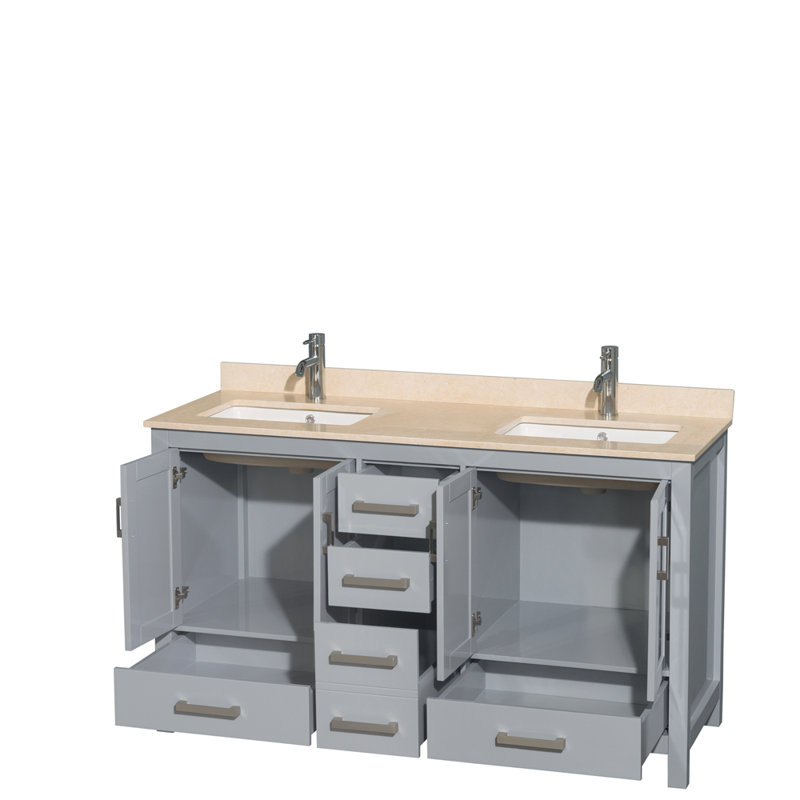 Sheffield 60" Freestanding Double Bathroom Vanity with Marble Top, Gray, Ivory