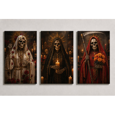Grand ensemble de 3 impressions sur toile de Santa Muerte Wall Art foncé pour chambre à coucher, décoration d'Halloween, impression sur toile 16 x 24 pouces - prête à être accrochée
