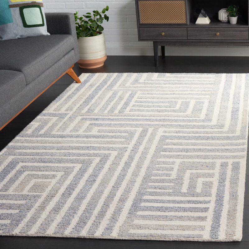 Tapis rayé bleu / ivoire en laine / coton touffeté à la main Nedin, Rectangle 5 pi x 8 pi