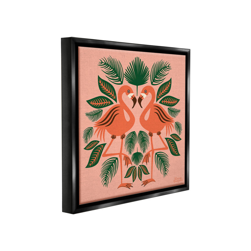 "Symmetrique de flamants tropicaux" par Carrie Cantwell sur toile, Cadre flottant noir de jais, H 25 po x l 25 po