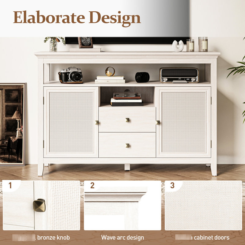Buffet de 52,8 po, armoire de cuisine avec grand rangement - bois blanc et armoire d'appoint, tablettes à thème réglables blanches, P 53 po x l 36 po H 16 po, poids 90 lb
