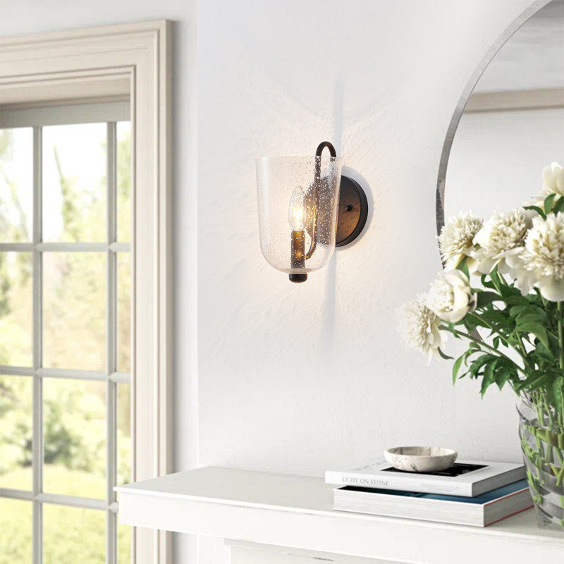 1-light Black Wall Sconce With Seeded Glass Shade