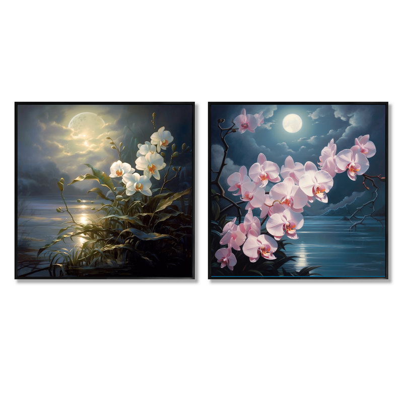 Orchidées Waterscape clair de lune - ensemble de 2 orchidées carrées, Cadre flottant noir, H 16 po x l 33 po