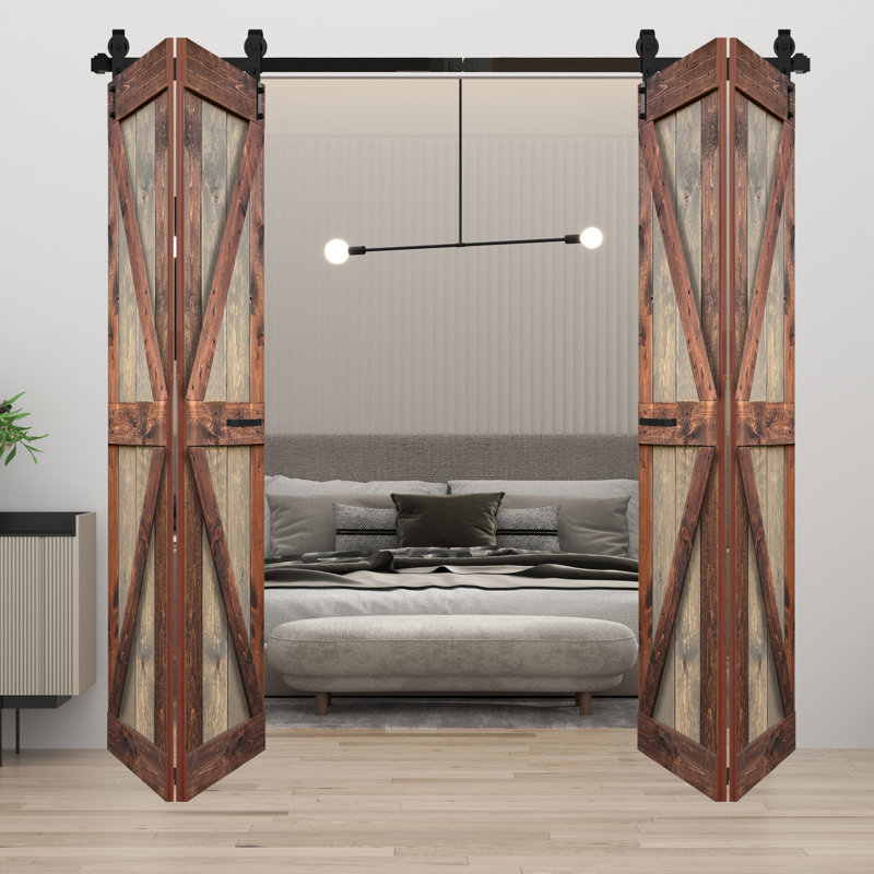 Porte de grange double pliante en bois massif de style K avec ensemble de quincaillerie - Assemblage requis, 72 po x 84 po
