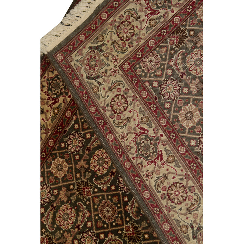 Tapis vert, beige et rouge noué à la main de haute qualité