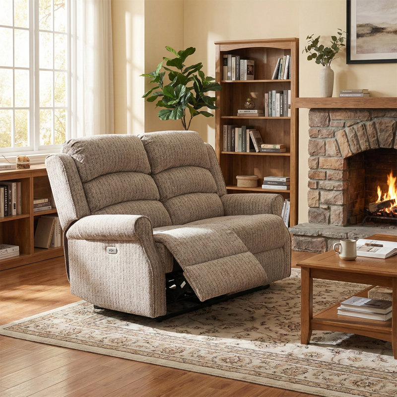 Lainey 2 Seater Polyester Manual Reclining Loveseat, Natural Polyester Blend