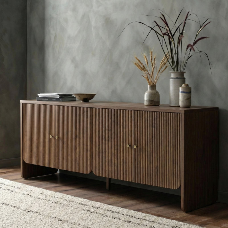 Martha 63"Wide Modern 4 Door Fluted Sideboard with Cable Management, Walnut