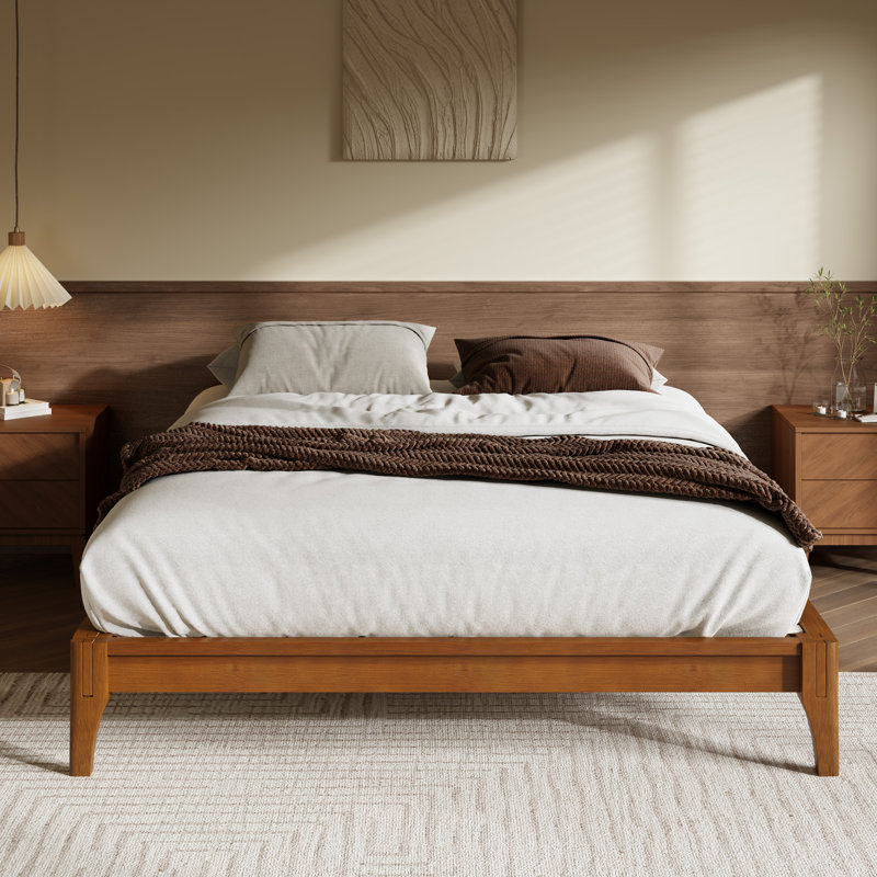 Lit plateforme en bois massif, Lit double, Brun