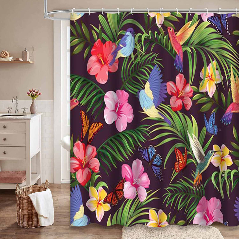 Rideau de douche sans soudure à motif de plantes tropicales avec 12 crochets, L 72 po x l 78 po