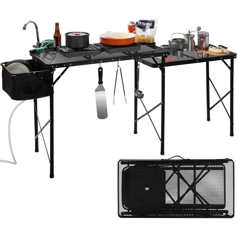 Table de cuisine portable d'extérieur avec évier, robinet et station de préparation pliante