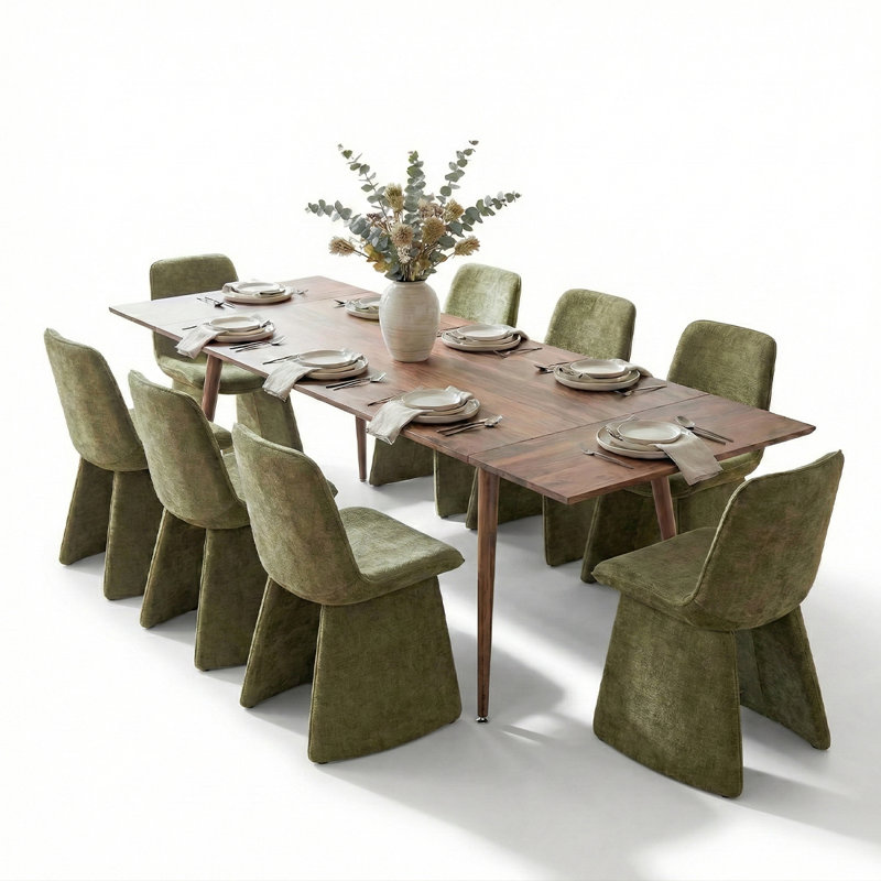 9-Piece Rectangular Extendable Dining Set With Linen  Chairs, Green