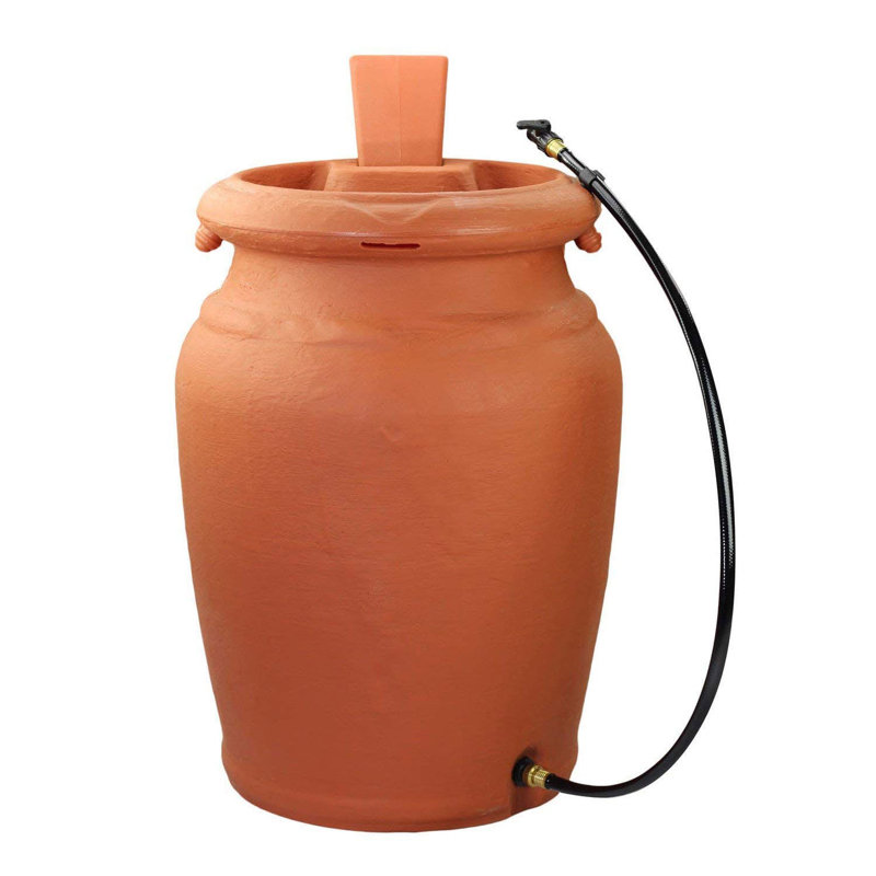 FCMP Outdoor Plastic Planter Rain Barrel and Hose, Brown