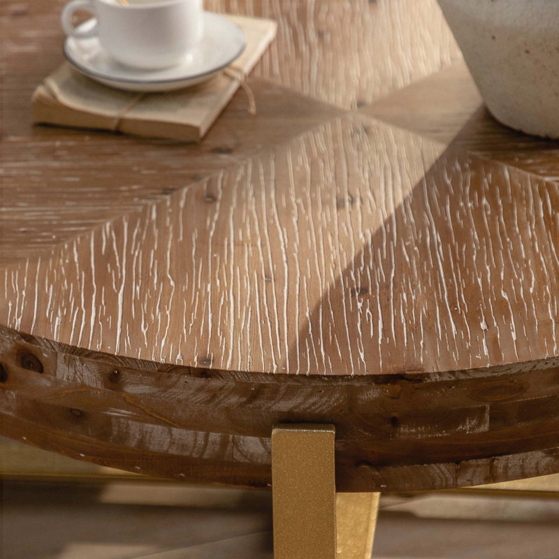 Table basse ronde d'épissure rétro avec pieds croisés dorés - bois de sapin, 31,29 po