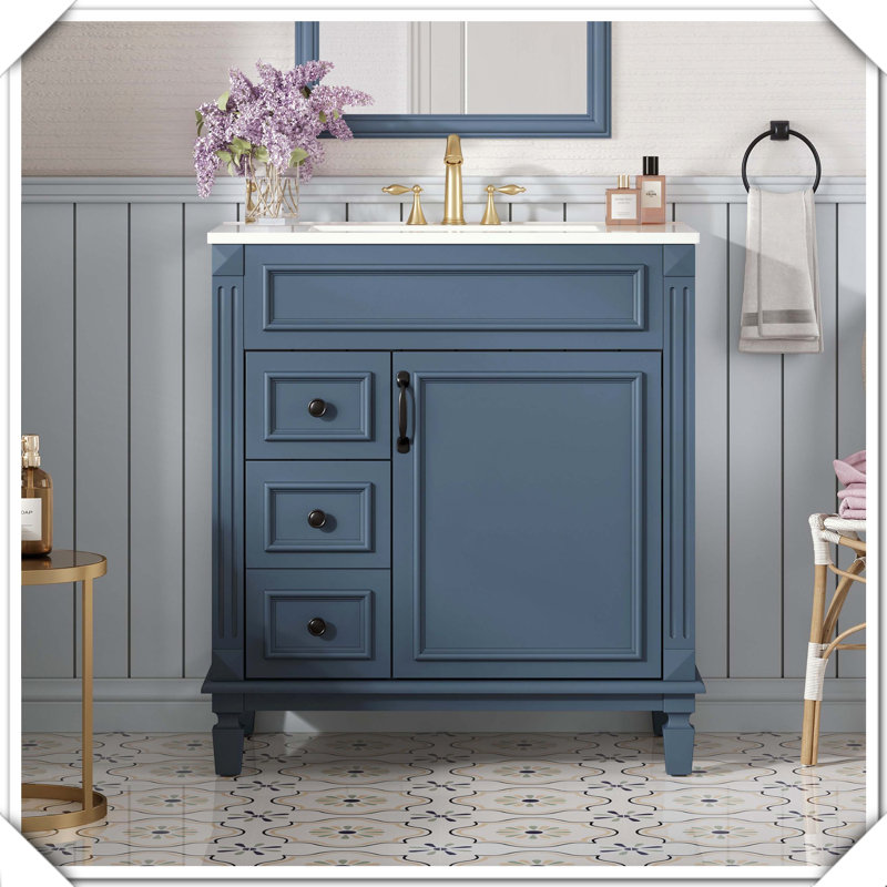 Tablette de meuble-lavabo moderne avec tiroirs en céramique, Bleu