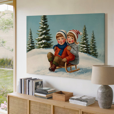 Canvas A Charming Winter Scene Featuring Two Joyful Children Sledding Down Wall Art A Snowy Hill The First Child A Boy Is Seated For Canvas Wall Art