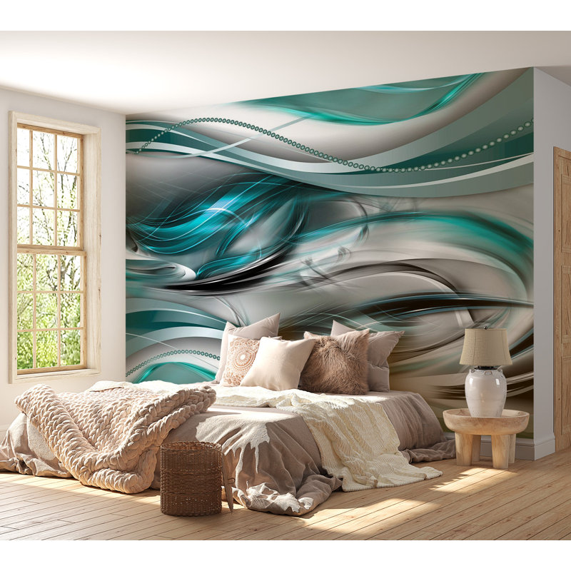 Murale abstraite pelez et collez - vagues gris turquoise, L 27 po x l 38 po