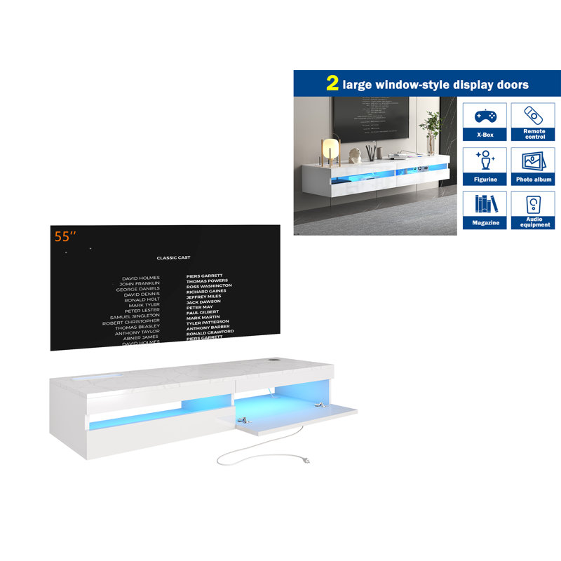 Meuble télé flottant, H 7,8 po x L 46,8 po x l 9,36 po, Blanc