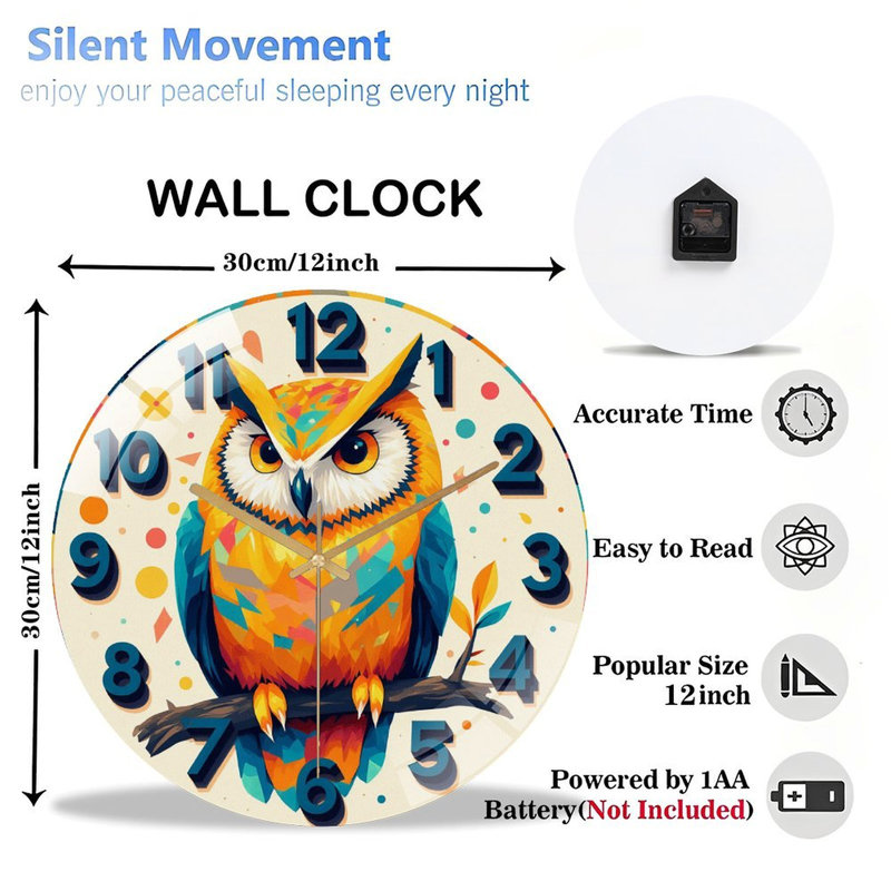 Colourful Owl Wall Clock Home Decor Art - 12'' Modern Glass Wall Clock