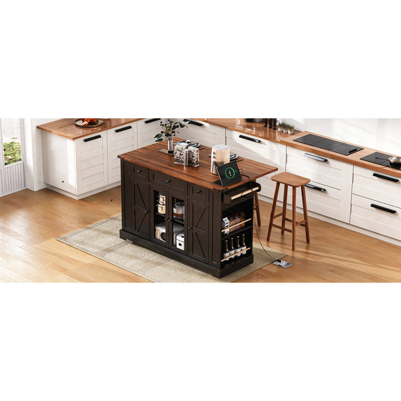 53'' Farmhouse Kitchen Island With Two Tempered Glass Cabinet Doors, Power Outlet, Rolling Kitchen Cart On Wheels With Drop Leaf, 5 Open Side Racks, 3 Drawers, For Kitchen, Dining Room, Black