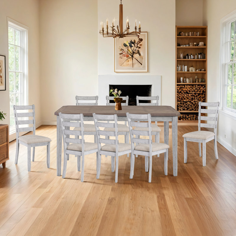 Ensemble de salle à manger 9 pièces en bois massif avec chaises à dossier échelle, Marron foncé, Gris clair