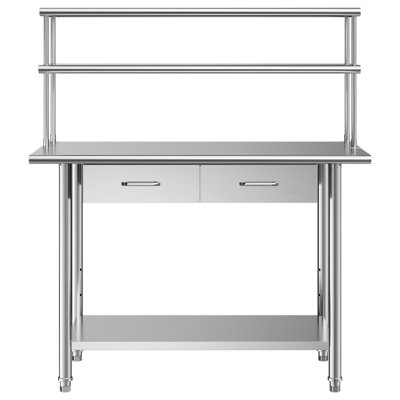 Table de travail en acier inoxydable, table de préparation alimentaire 61 x 122 cm avec tablettes supérieures et 2 tiroirs, poste de travail de cuisine professionnel avec tablette inférieure réglable, table de travail utilitaire en métal