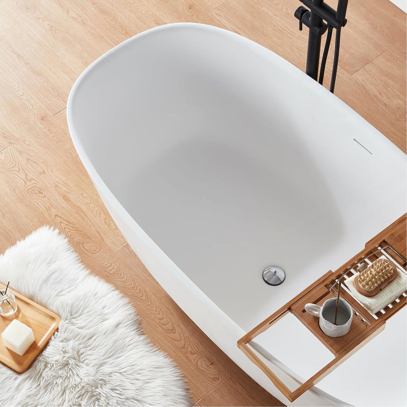 67″Solid Surface Matte Tub, Solid Surface Soaking Tub, Stone Resin Freestanding Bathtub, Thick Edge Stand Alone Tubs With Overflow, Pop-Up Drain, Matte White (Oval)