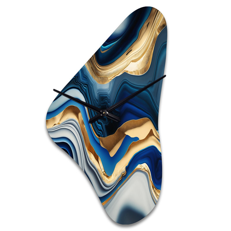 Vibrant Blue And Gold Agate II - Boomerang Shape Blue Wall Clock Sculpture, Medium