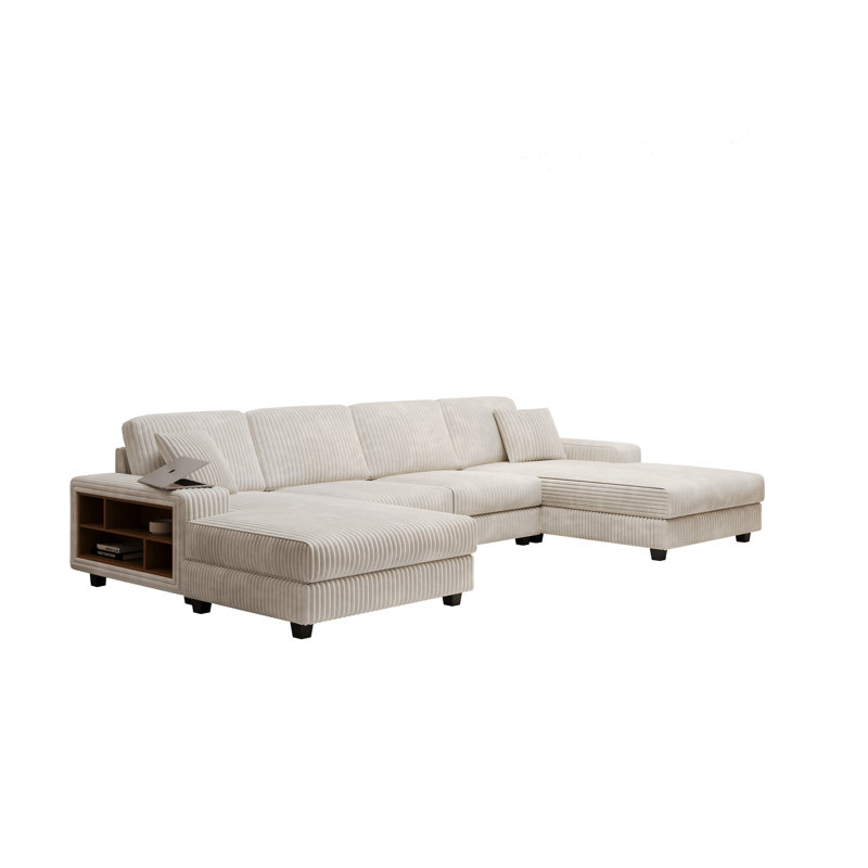 Corduroy 4-Seater U-Shaped Symmetrical Sectional Sofa, Beige Corduroy