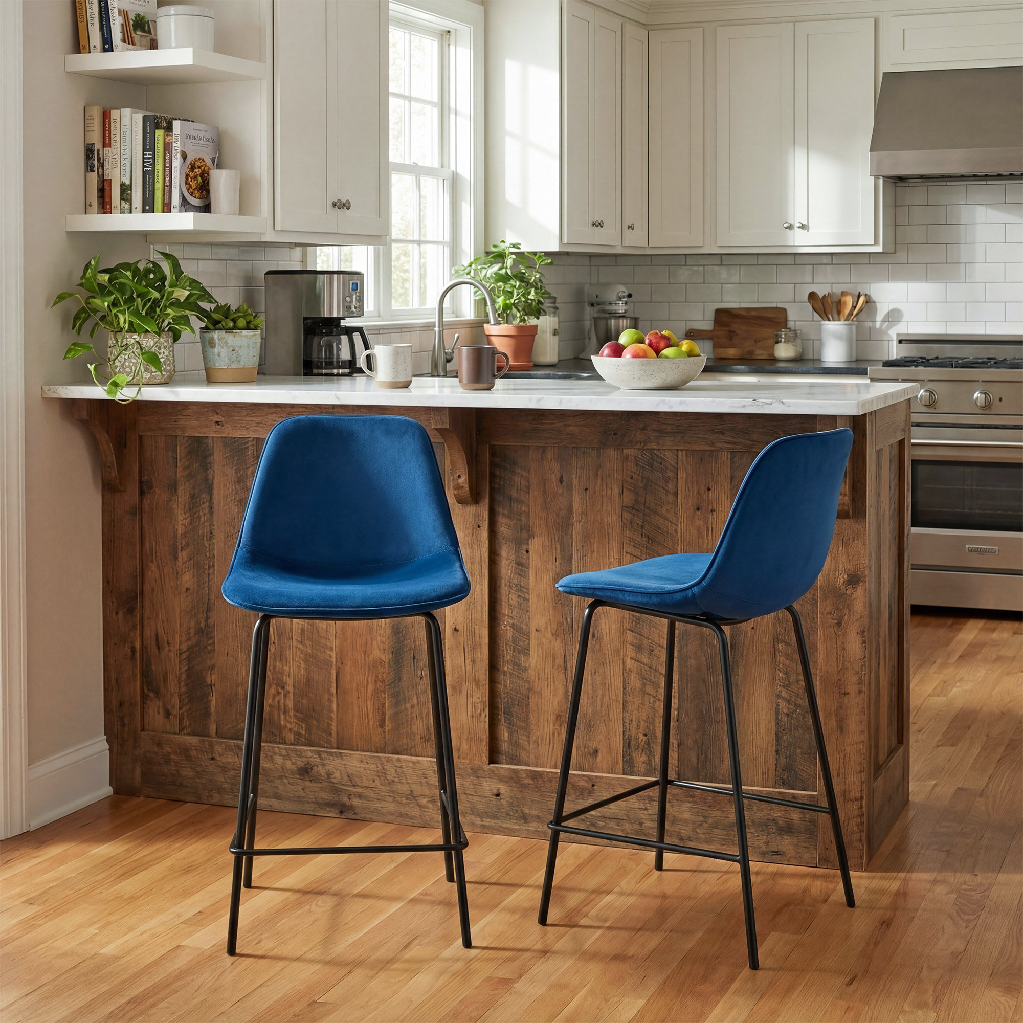 Kavi Upholstered Barstools, Counter Stool (24" Seat Height), Blue Velvet