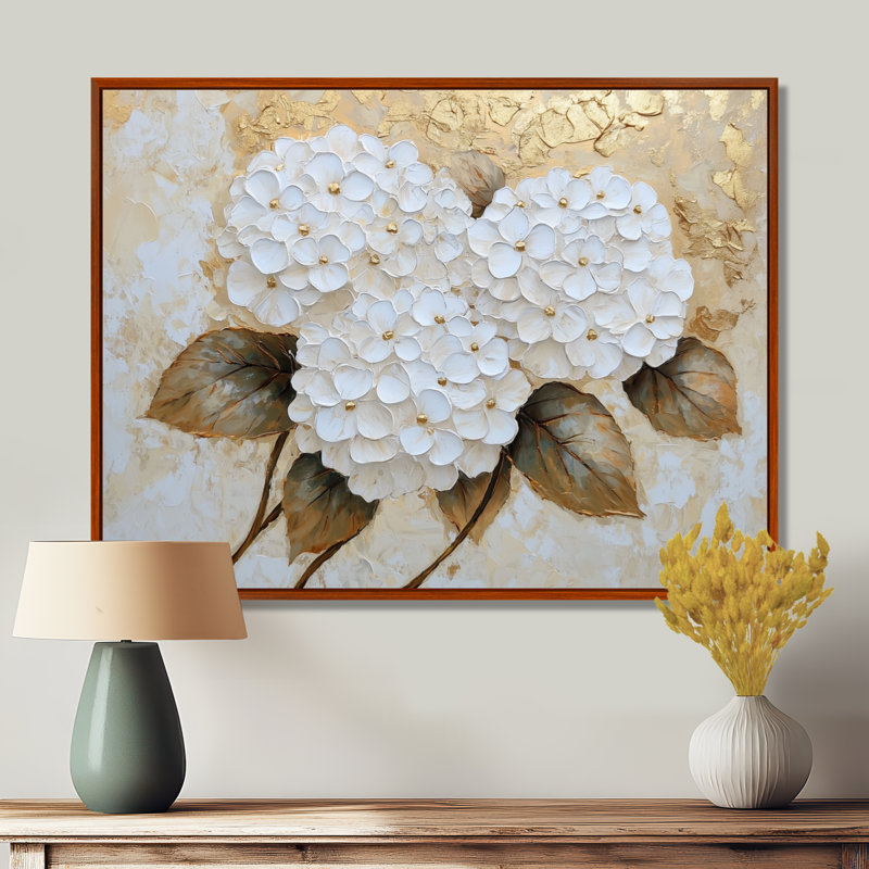 Harmonie d'hortensias dorés I - impression d'art d'hortensias, H 34 po x l 44 po, Brun