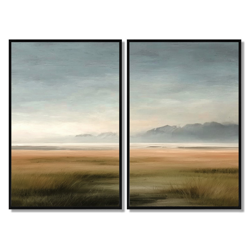«Green and Gray Coastal Rain Af après-midi», art sur toile côtier, art mural vert côtier 2 pièces, H 36 po x l 48 po, Noir